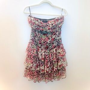 Express Floral Strapless Tiered Ruffle Sweetheart Mini Dress